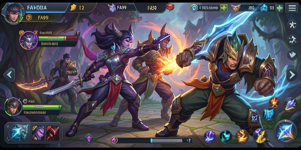 Gameplay seru FA99 dengan pertarungan karakter MOBA yang dinamis.