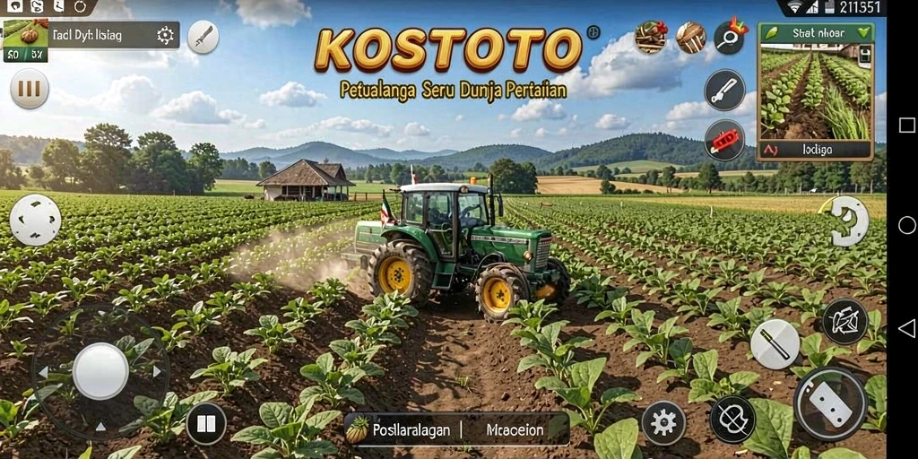 Screenshot gameplay KOSTOTO menampilkan ladang hijau dan berbagai tanaman.