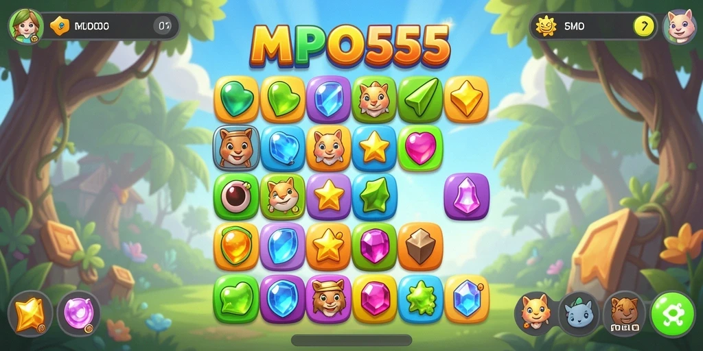 Tampilan gameplay menarik dari MPO555 dengan elemen Match-3 yang penuh warna.