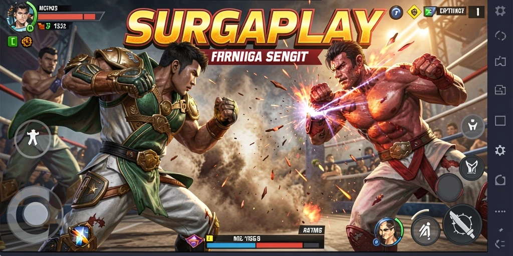 Screenshot gameplay <strong>SURGAPLAY</strong> menampilkan pertarungan seru antara dua karakter.